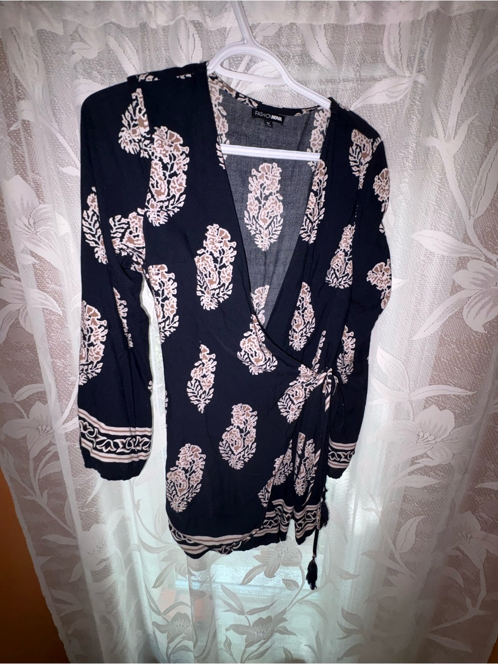 Fashion Nova Black Wrap Tunic with Blush Floral Motif